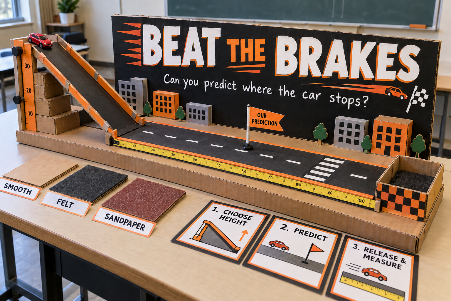 Beat the Brakes handmade model with toy car, ramp, flat road, prediction flag and surface samples